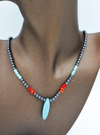 Hematite, Turquoise & Coral Necklace Multi Color