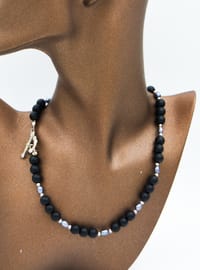 Schwarze Onyx- und Perlenkette - Schwarz
