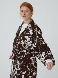 Unlined - Floral - Brown - V neck Collar - Kimono