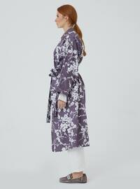 Unlined - Floral - Plum - V neck Collar - Kimono