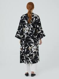 Unlined - Floral - Black - V neck Collar - Kimono
