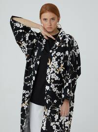 Unlined - Floral - Black - V neck Collar - Kimono