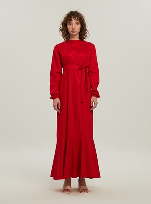 Red - Crew neck - Unlined - Modest Dress - Ceylan Otantik