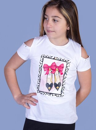 Printed - Crew neck - Unlined - White - Girls` T-Shirt - Toontoy