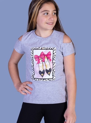 Toontoy Kız Çocuk Baskılı Tişört-Gri Melanj - Gri - Toontoy