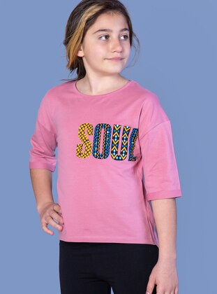Printed - Crew neck - Unlined - Dusty Rose - Girls` T-Shirt - Toontoy