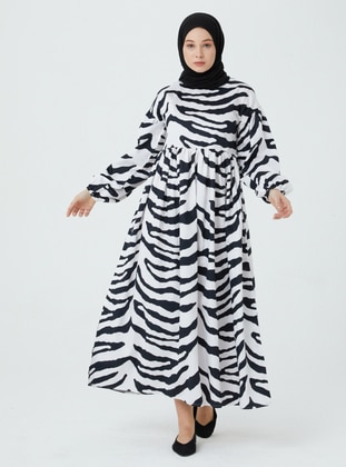 Black - Zebra - Crew neck - Unlined - Modest Dress - Ceylan Otantik