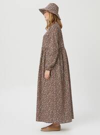 Floral Patterned Cotton Modest Dress With Waist Robe Brown