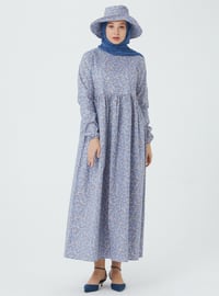 Blue - Floral - Crew neck - Unlined - Modest Dress