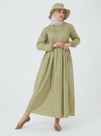 Green - Floral - Crew neck - Unlined - Modest Dress
