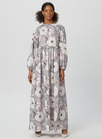 Gray - Floral - Crew neck - Unlined - Modest Dress
