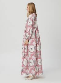 Pink - Floral - Crew neck - Unlined - Modest Dress