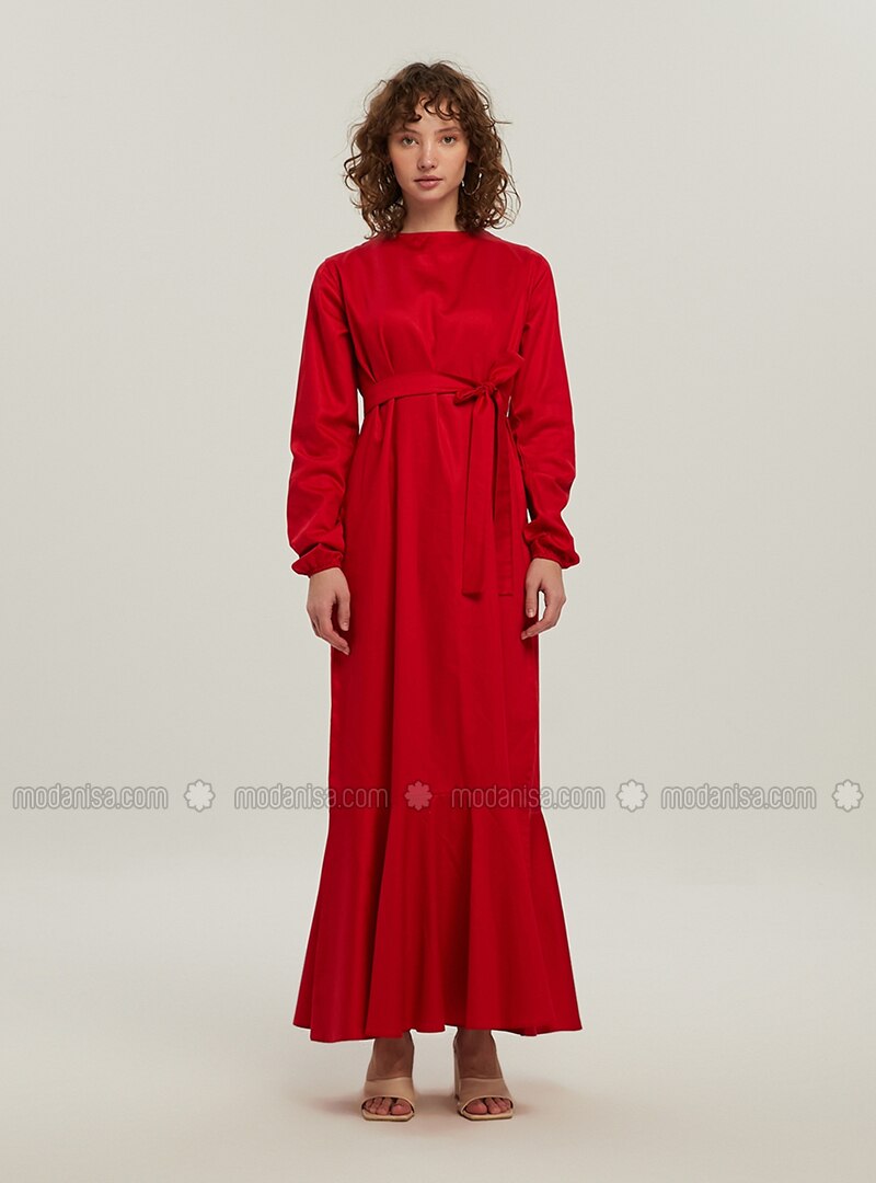 Red - Crew neck - Unlined - Modest Dress