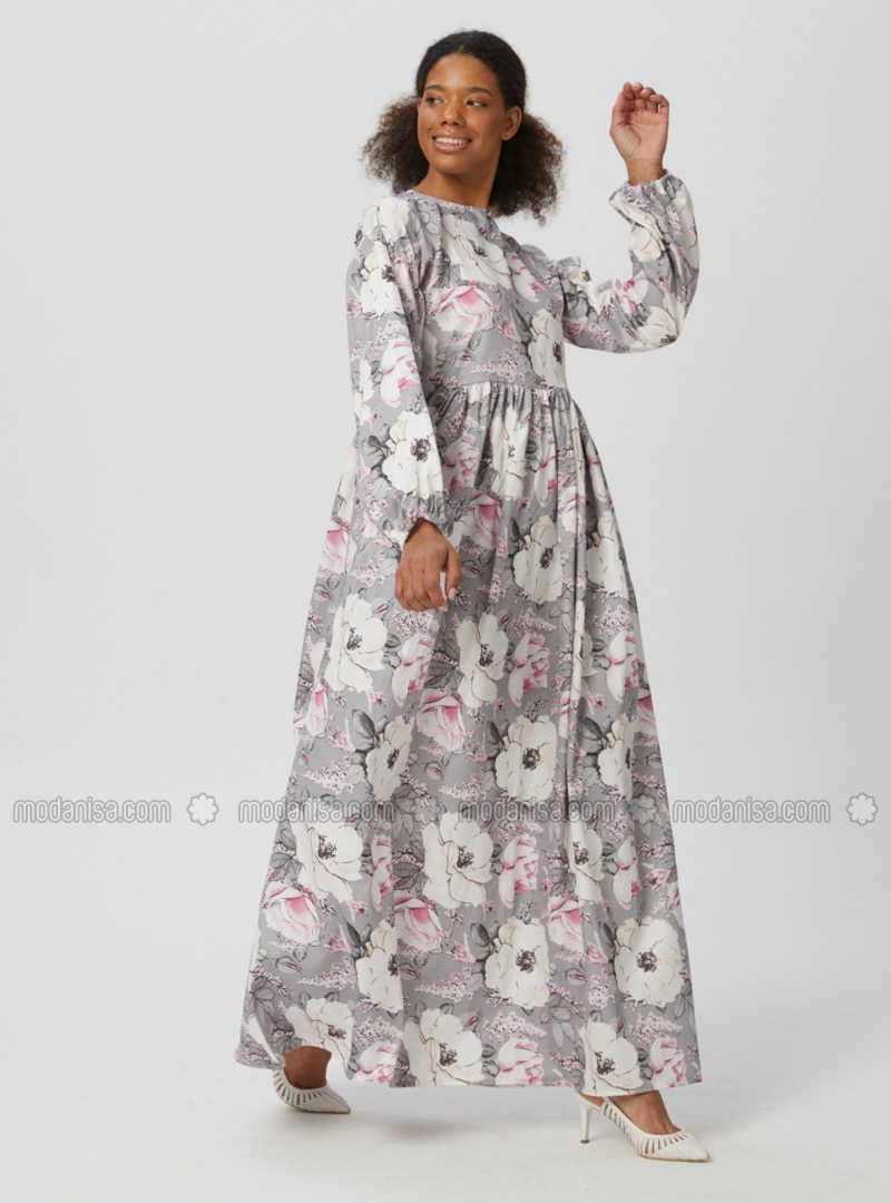 Gray - Floral - Crew neck - Unlined - Modest Dress