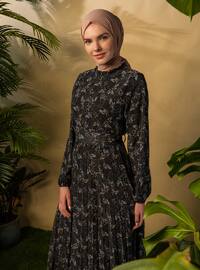Black - Floral - V neck Collar - Fully Lined - Modest Dress