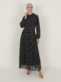 Black - Floral - V neck Collar - Fully Lined - Modest Dress