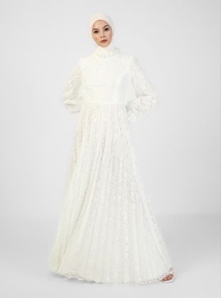 White - Ecru - Unlined - Polo neck - Modest Evening Dress - AGONYA MODA