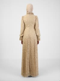 Beige - Camel - Unlined - Polo neck - Modest Evening Dress