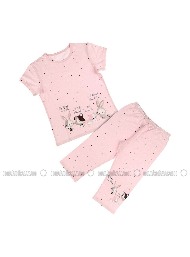 Multi - Crew neck - Unlined - Pink - Girls` Pyjamas
