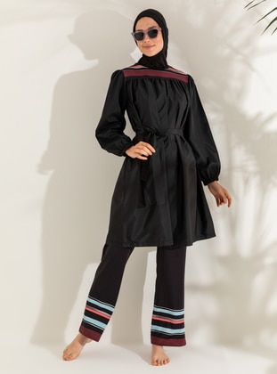 Black - Printed - Stripe - Full Coverage Swimsuit Burkini - Mayo Bella