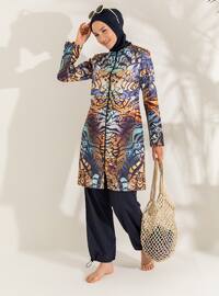 Navy Blue - Floral - Tropical - Full Coverage Swimsuit Burkini