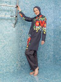 Anthracite - Floral - Tropical - Full Coverage Swimsuit Burkini