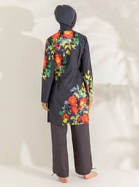 Anthracite - Floral - Tropical - Full Coverage Swimsuit Burkini