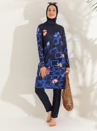Navy Blue - Floral - Geometric - Tropical - Full Coverage Swimsuit Burkini