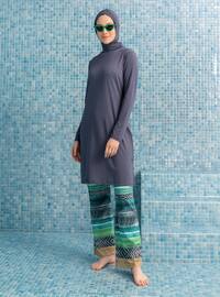 Anthracite - Khaki - Dark Khaki - Stripe - Geometric - Full Coverage Swimsuit Burkini