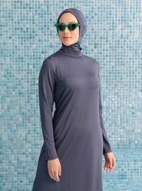 Anthracite - Khaki - Dark Khaki - Stripe - Geometric - Full Coverage Swimsuit Burkini