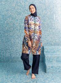 Navy Blue - Floral - Tropical - Full Coverage Swimsuit Burkini