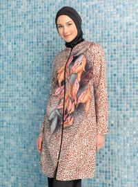 Brown - Black - Floral - Leopard - Tropical - Full Coverage Swimsuit Burkini
