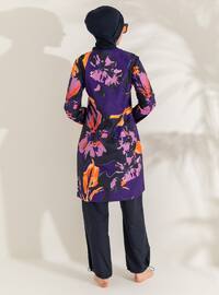 Dark Navy Blue - Dark Purple - Navy Blue - Purple - Floral - Tropical - Full Coverage Swimsuit Burkini