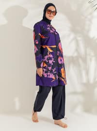 Dark Navy Blue - Dark Purple - Navy Blue - Purple - Floral - Tropical - Full Coverage Swimsuit Burkini