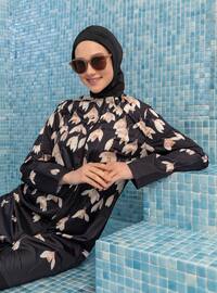 Black - Floral - Full Coverage Swimsuit Burkini