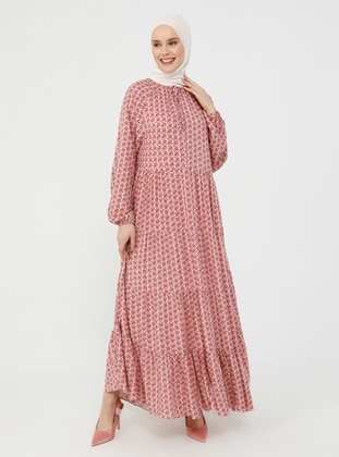 Pink - Floral - Crew neck - Unlined - Modest Dress - Refka