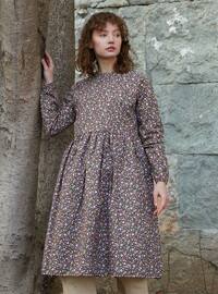 Brown - Floral - Crew neck - Tunic