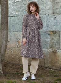 Brown - Floral - Crew neck - Tunic