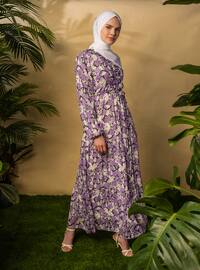 White - Ecru - Purple - Floral - V neck Collar - Fully Lined - Modest Dress