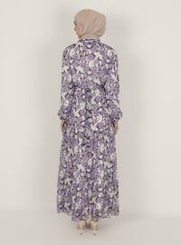 White - Ecru - Purple - Floral - V neck Collar - Fully Lined - Modest Dress