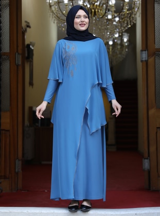 Baby Blue - Unlined - Crew neck - Modest Plus Size Evening Dress - Amine Hüma