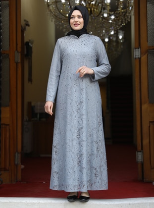 Gray - Fully Lined - Crew neck - Modest Plus Size Evening Dress - Amine Hüma