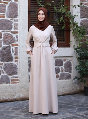 Beige - Crew neck - Unlined - Modest Dress - Azra Design