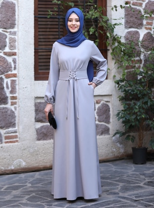 Gray - Crew neck - Unlined - Modest Dress - Azra Design