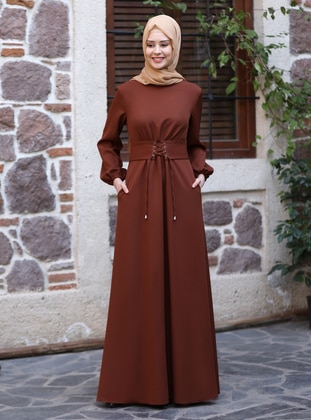 Brown - Crew neck - Unlined - Modest Dress - Azra Design
