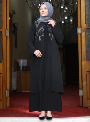 Black - Unlined - Crew neck - Modest Plus Size Evening Dress - Amine Hüma