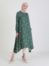 Green - Floral - Crew neck - Tunic