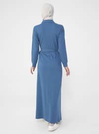 Light Navy Blue - Point Collar - Unlined - Cotton - Modest Dress