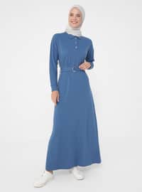 Light Navy Blue - Point Collar - Unlined - Cotton - Modest Dress