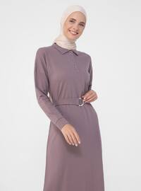 Purple - Point Collar - Unlined - Cotton - Modest Dress